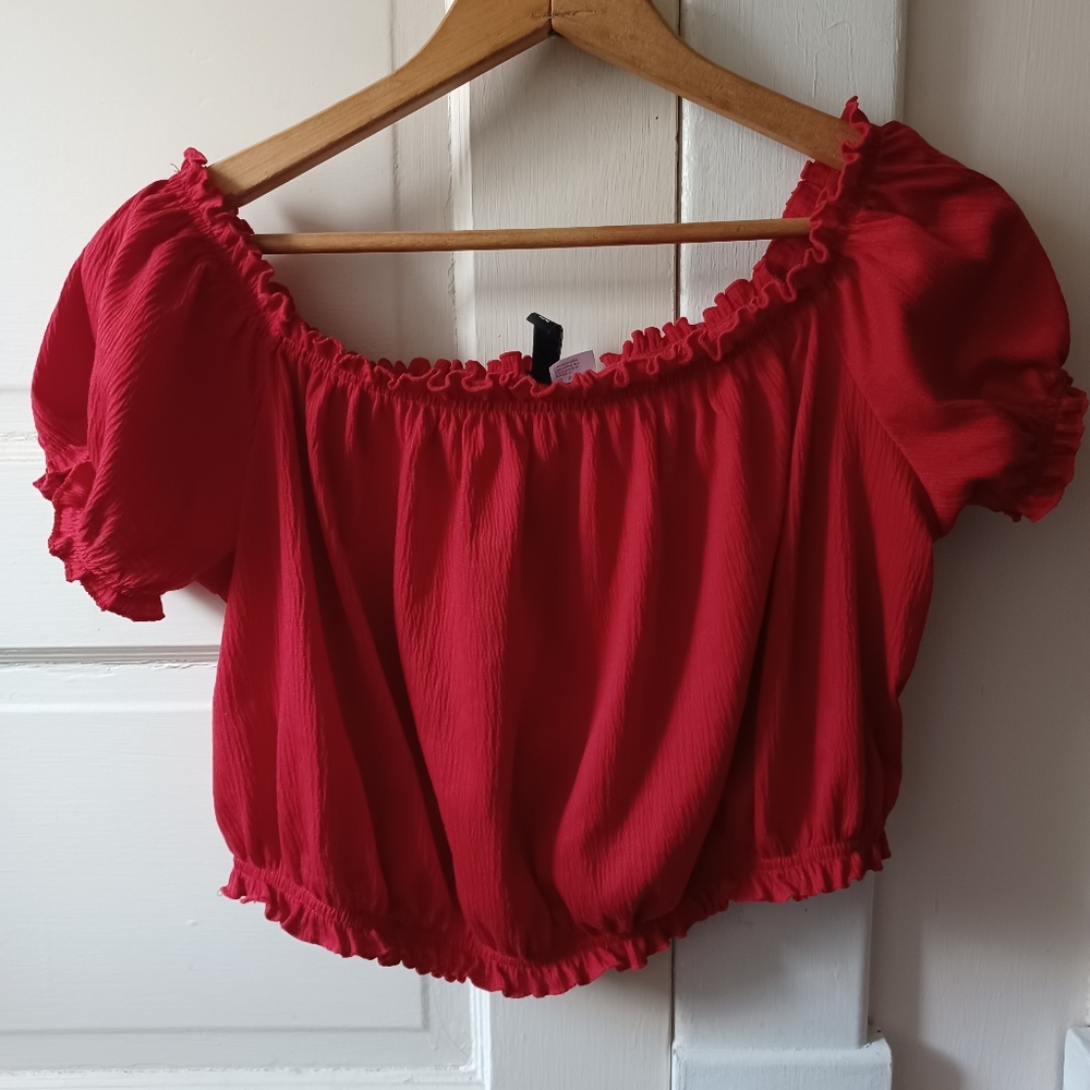 red ruffle off the shoulder top